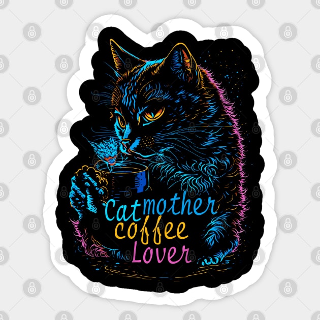 Cat mother coffee lover neon Sticker by Javisolarte